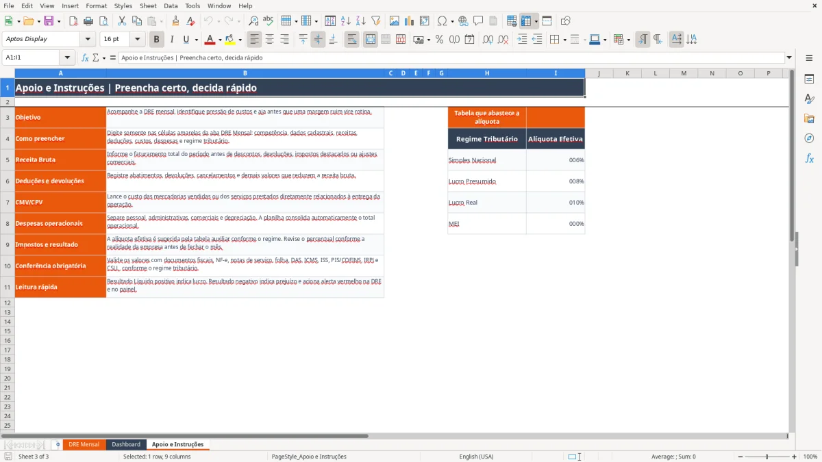 Captura 3: aba Apoio e Instruções - Planilha Excel demonstrativo de resultados