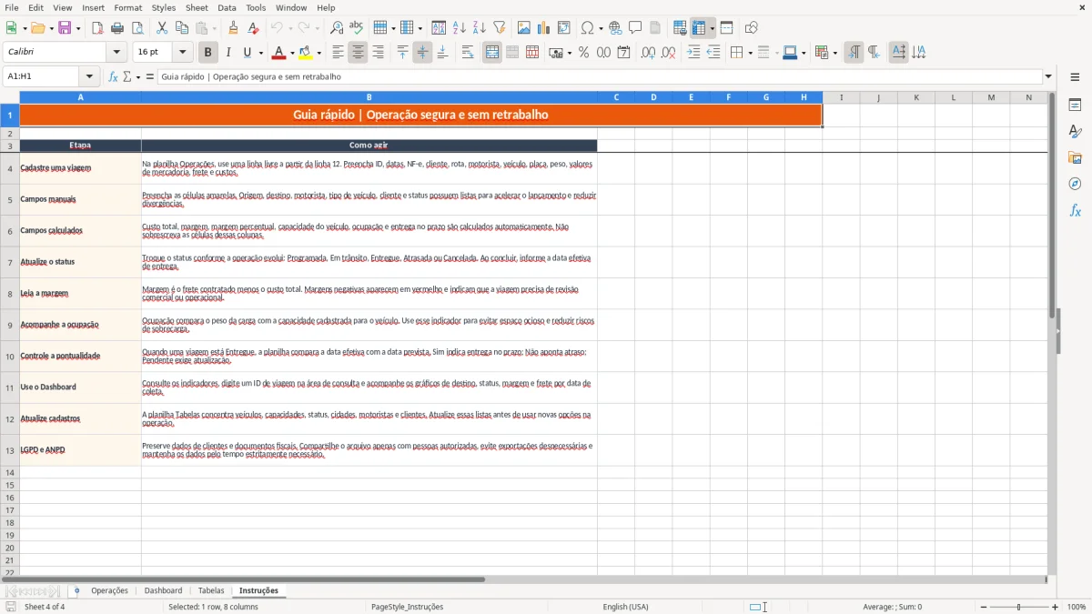 Captura 4: aba Instruções - Planilha Excel transportadora