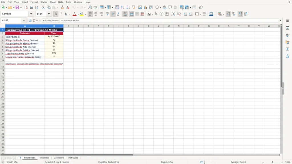 Parâmetros – Planilha Excel: Computador Travando Muito
