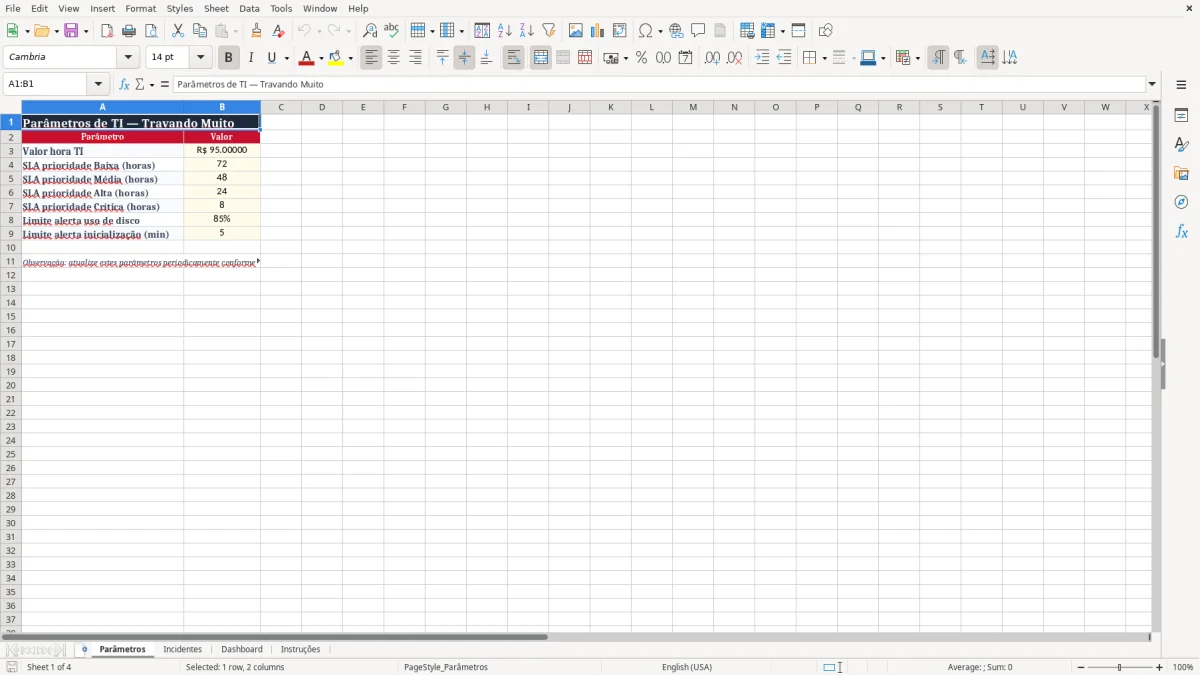 Captura 1: aba Parâmetros - Planilha Excel travando muito