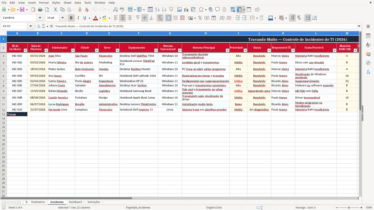 Captura 2: aba Incidentes - Planilha Excel travando muito