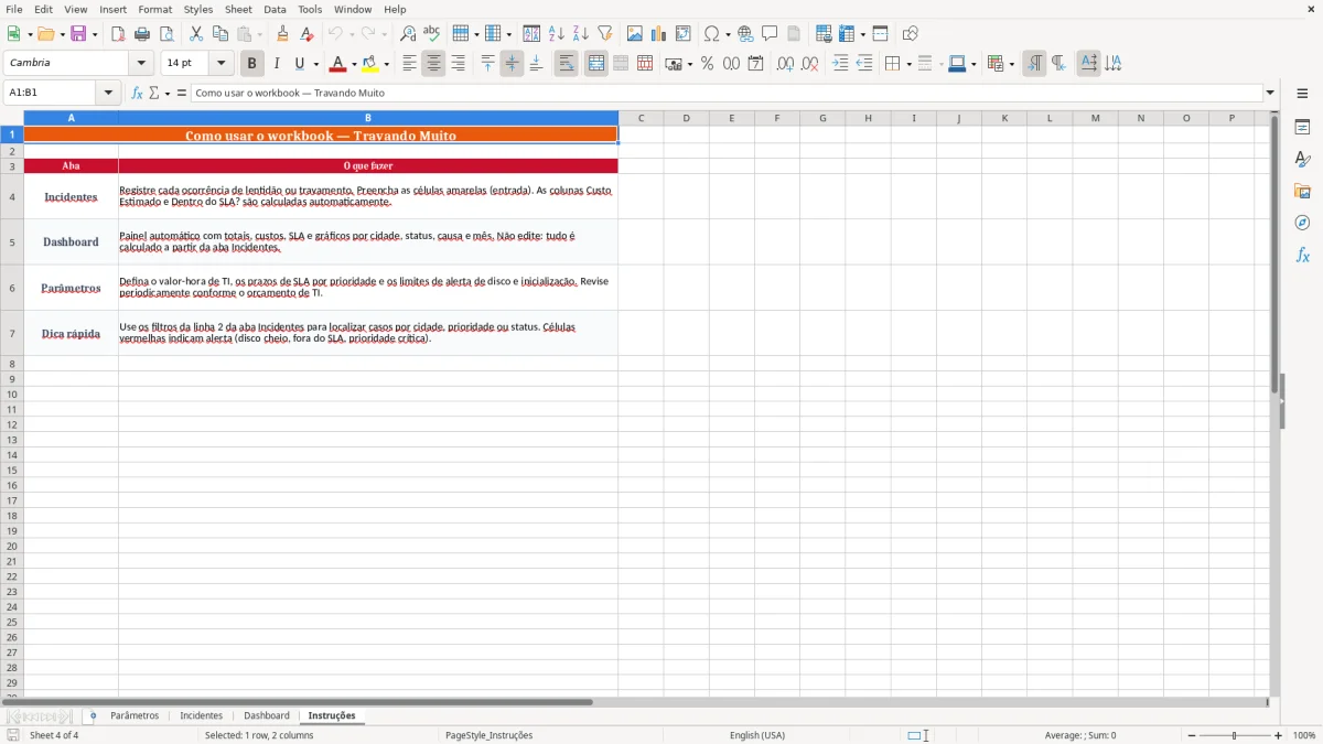 Captura 4: aba Instruções - Planilha Excel travando muito