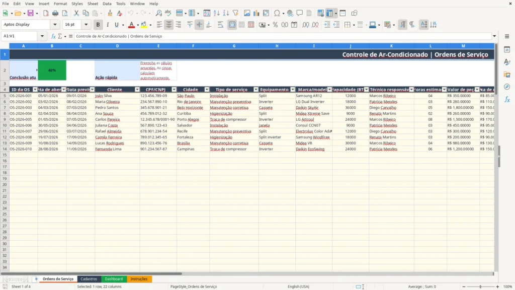 Ordens de Serviço – Ar condicionado Excel – Planilha grátis (2026)