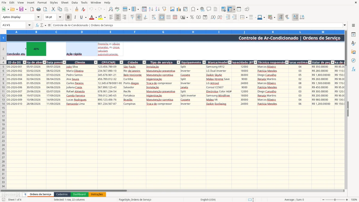 Captura 1: aba Ordens de Serviço - Planilha Excel ar condicionado