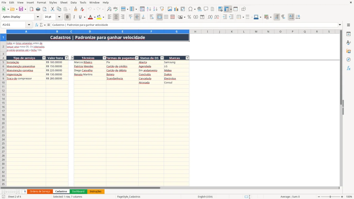 Captura 2: aba Cadastros - Planilha Excel ar condicionado