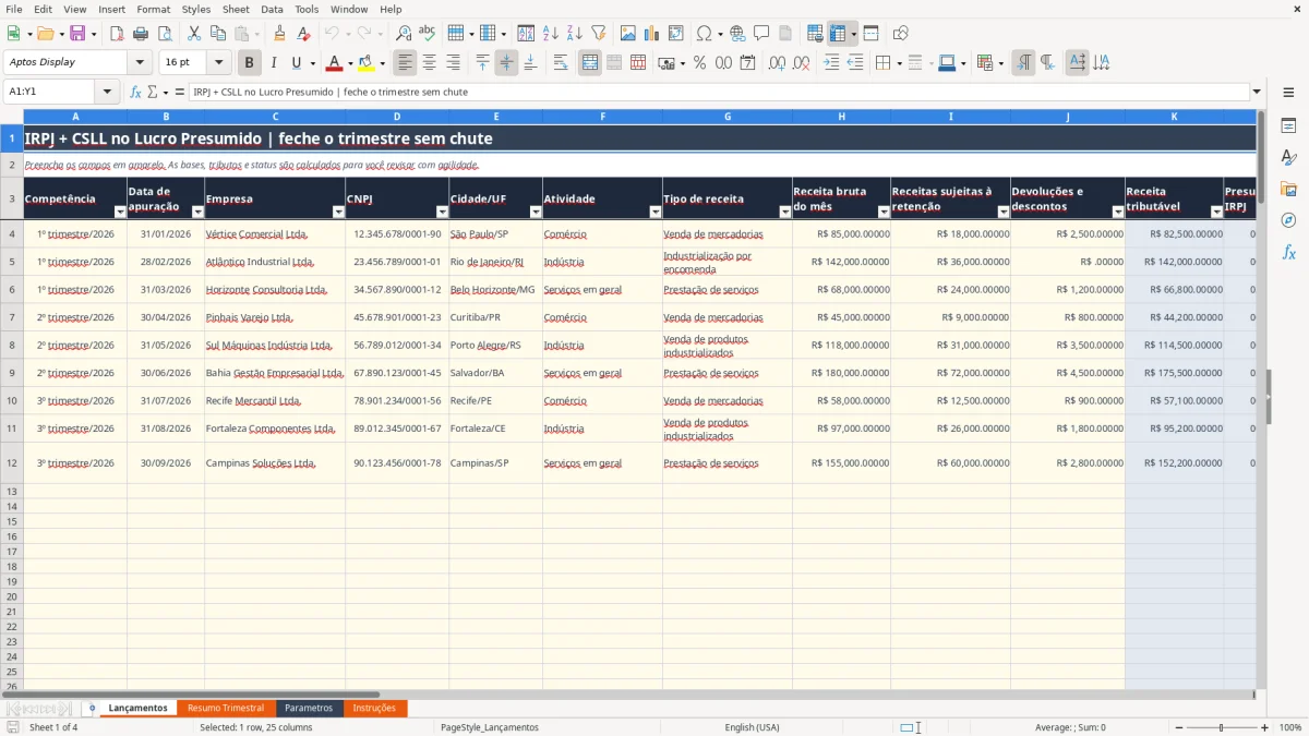 Captura 1: aba Lançamentos - Planilha Excel calculo irpj e csll lucro presumido