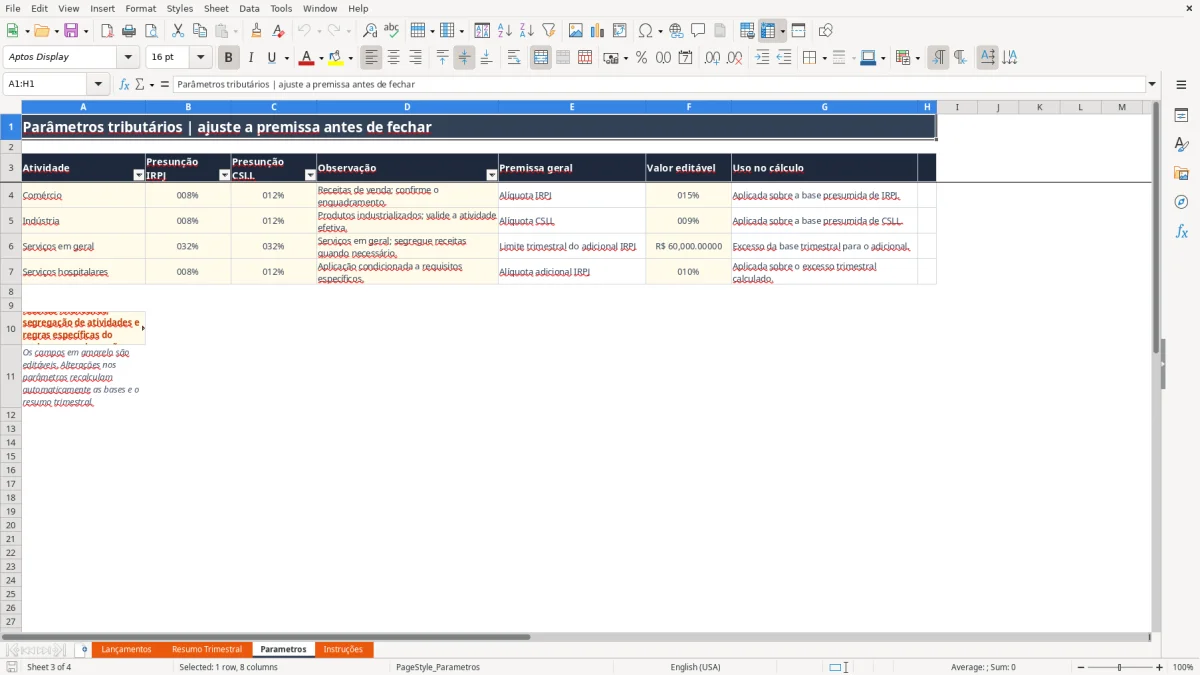 Captura 3: aba Parametros - Planilha Excel calculo irpj e csll lucro presumido