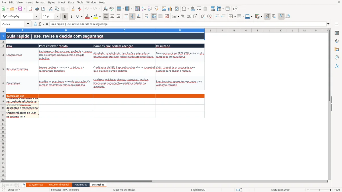 Captura 4: aba Instruções - Planilha Excel calculo irpj e csll lucro presumido