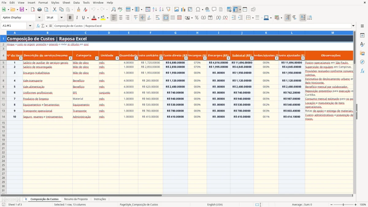 Captura 1: aba Composição de Custos - Planilha Excel composicao de custos licitacao