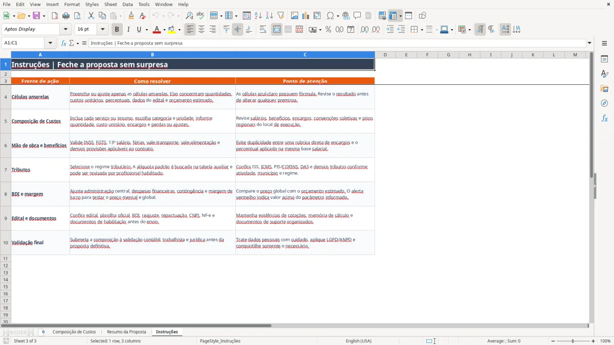 Captura 3: aba Instruções - Planilha Excel composicao de custos licitacao