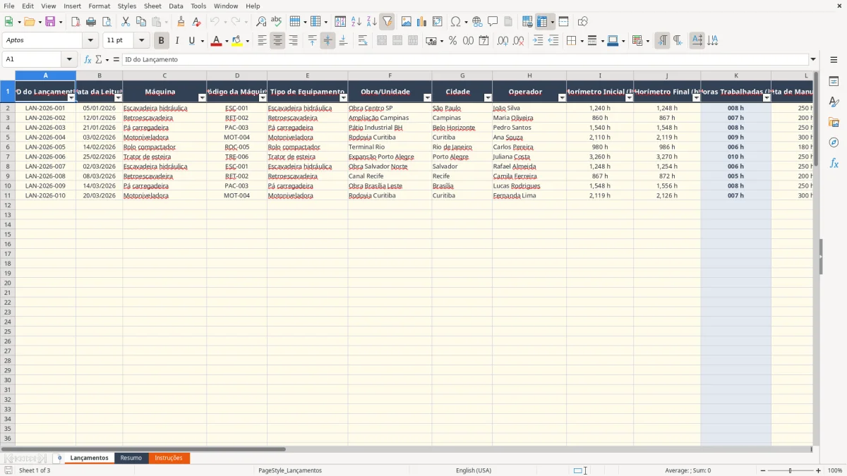 Captura 1: aba Lançamentos - Planilha Excel controle de horimetro de maquinas