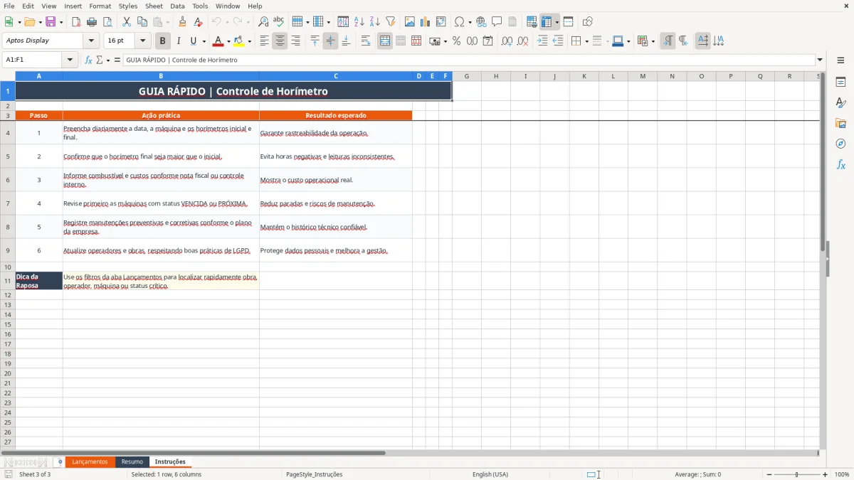 Captura 3: aba Instruções - Planilha Excel controle de horimetro de maquinas