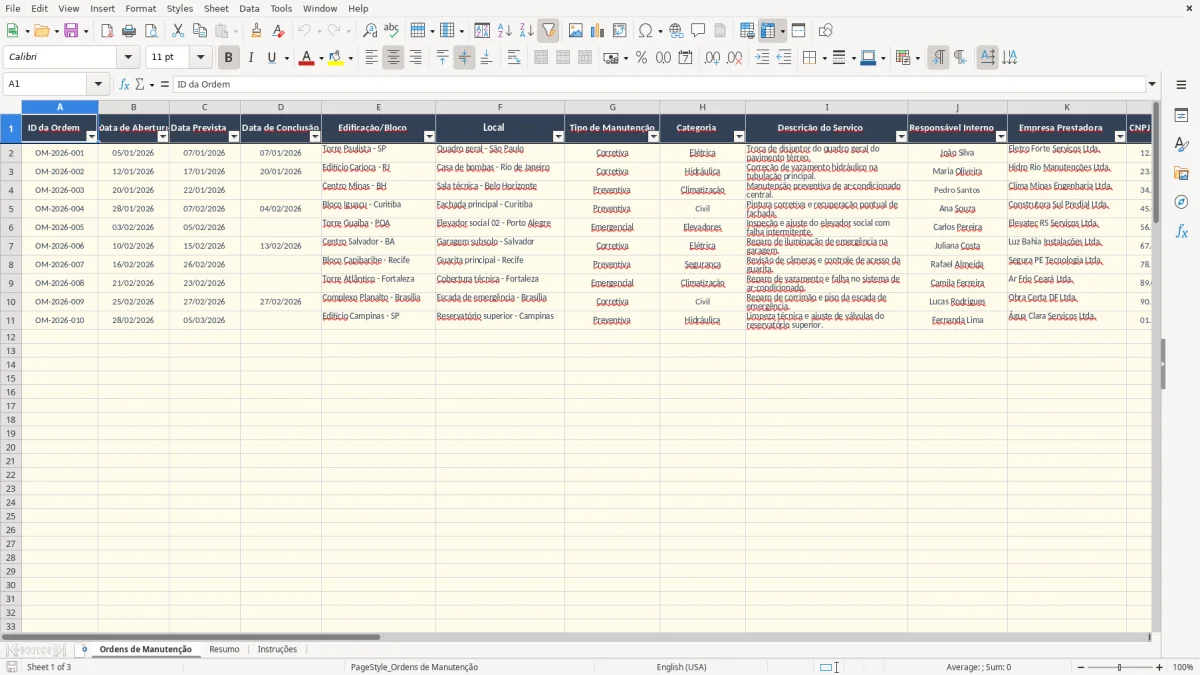 Captura 1: aba Ordens de Manutenção - Planilha Excel controle de manutencao predial