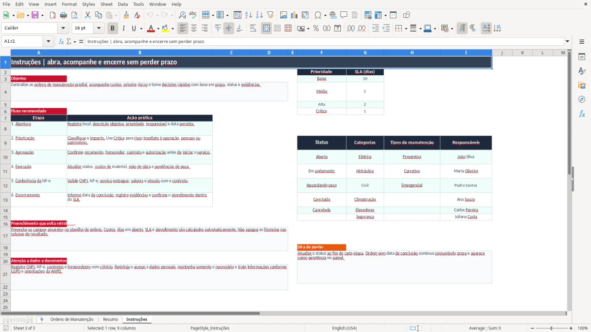 Captura 3: aba Instruções - Planilha Excel controle de manutencao predial