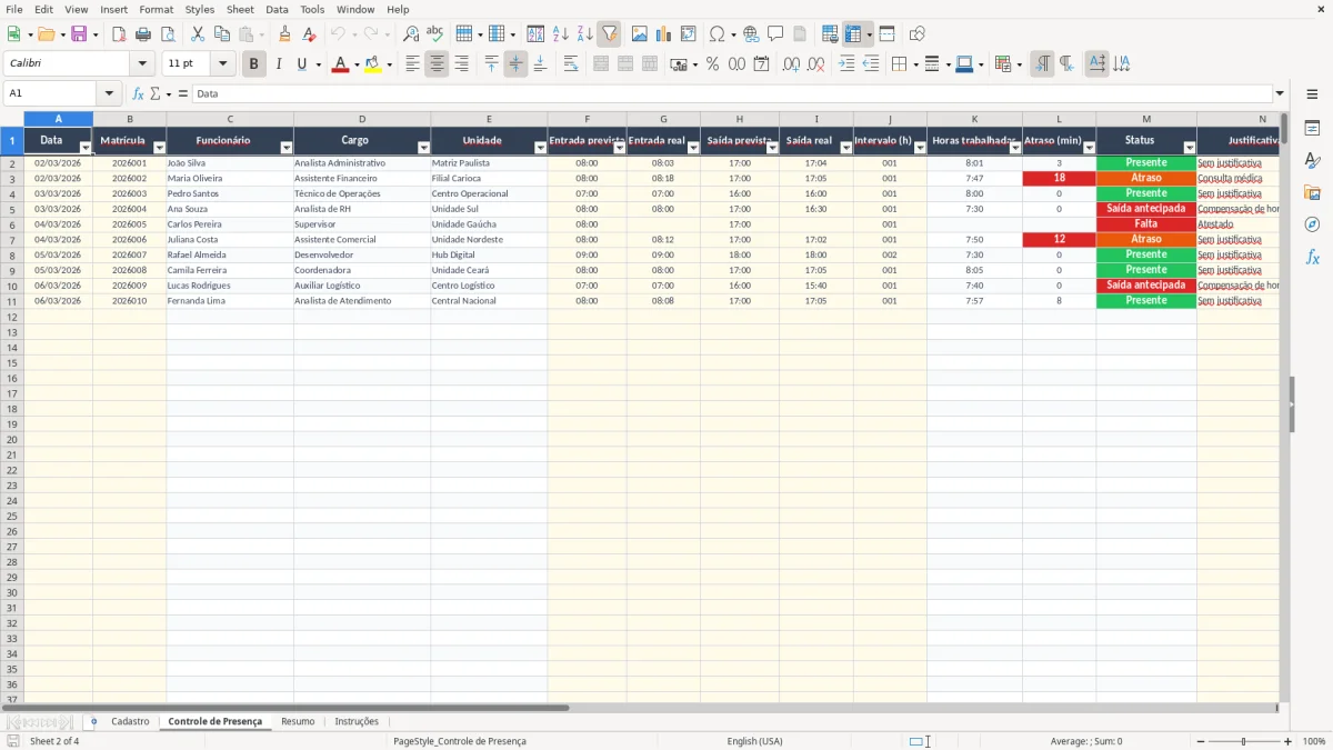 Captura 2: aba Controle de Presença - Planilha Excel controle de presenca de funcionarios