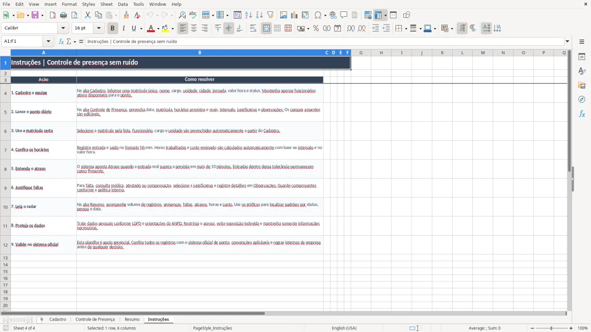 Captura 4: aba Instruções - Planilha Excel controle de presenca de funcionarios