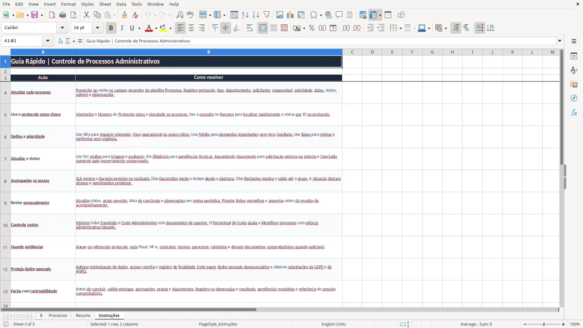 Captura 3: aba Instruções - Planilha Excel controle de processos administrativos