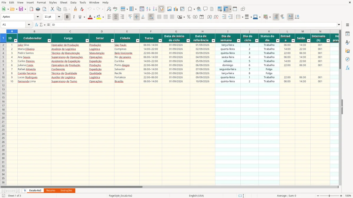 Captura 1: aba Escala 6x2 - Planilha Excel escala 6x2 tabela