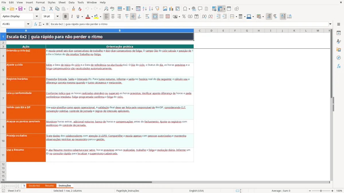 Captura 3: aba Instruções - Planilha Excel escala 6x2 tabela