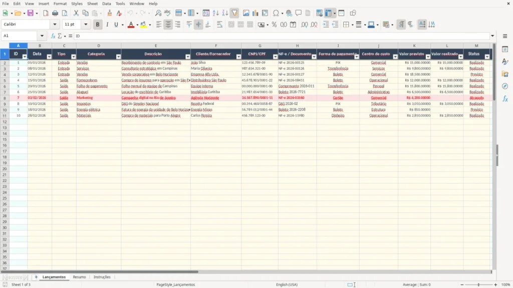Lançamentos – Fluxo de Caixa Excel – Planilha Grátis (2026)