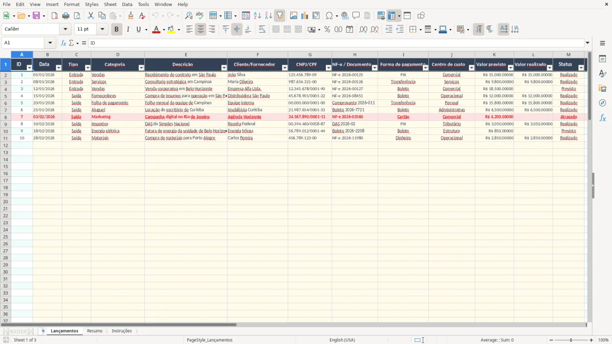 Captura 1: aba Lançamentos - Planilha Excel fluxo de caixa
