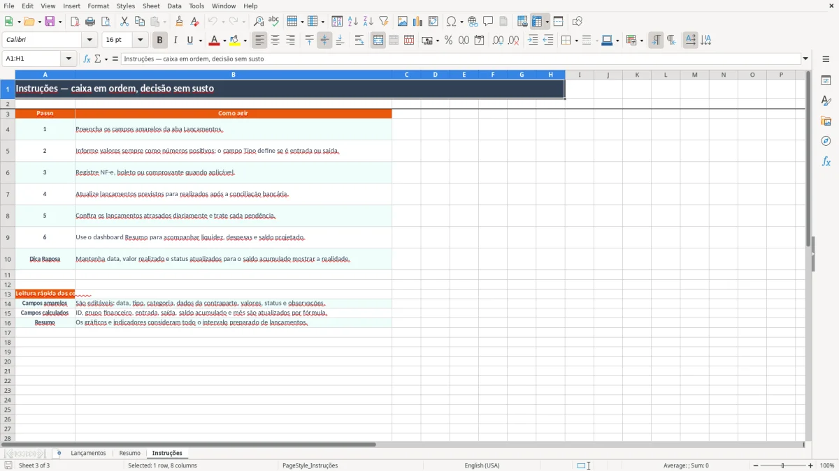 Captura 3: aba Instruções - Planilha Excel fluxo de caixa