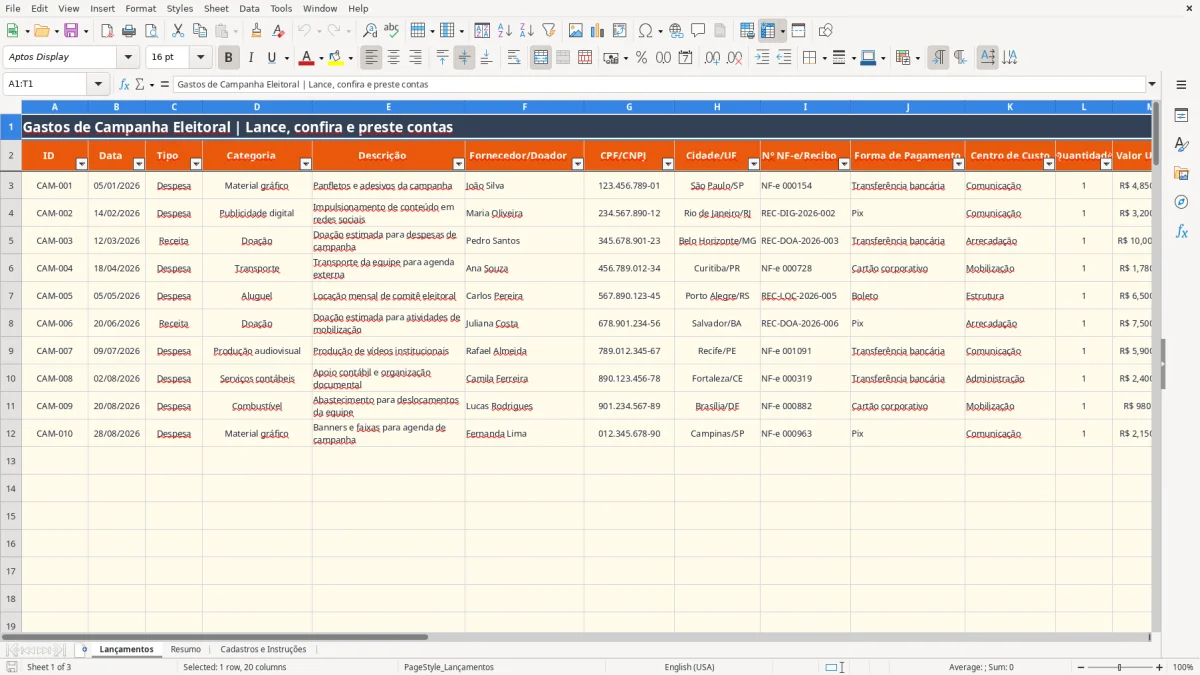Captura 1: aba Lançamentos - Planilha Excel gastos campanha eleitoral