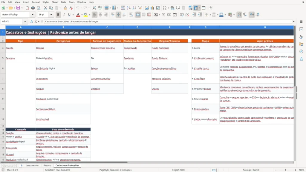 Cadastros e Instruções – Gastos campanha eleitoral Excel – Planilha grátis (2026)