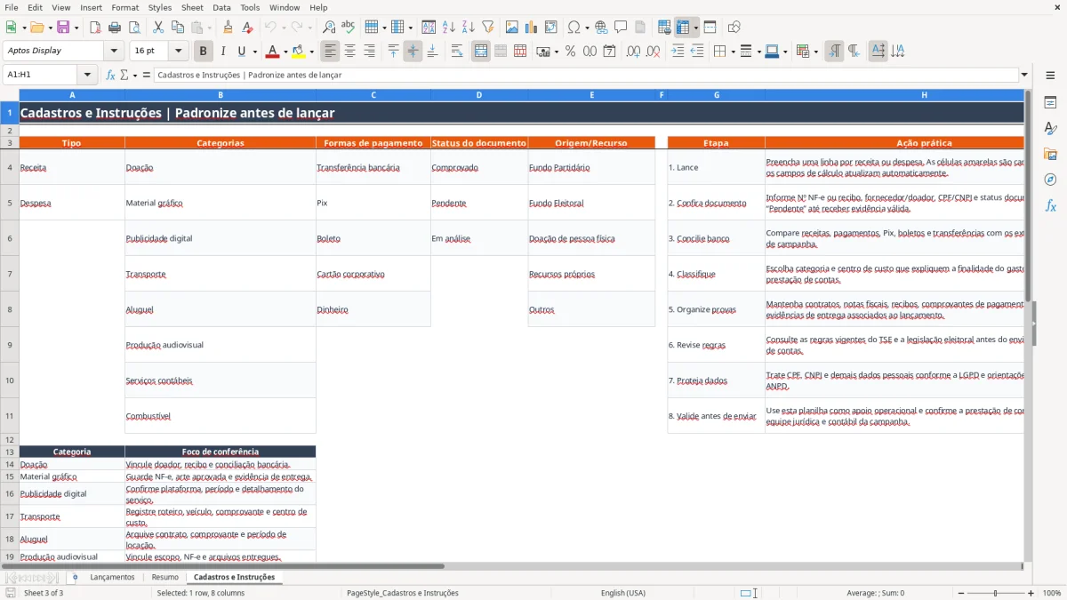 Captura 3: aba Cadastros e Instruções - Planilha Excel gastos campanha eleitoral