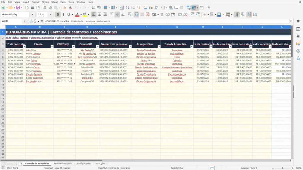 Controle de Honorários – Honorários advocatícios Excel – Planilha Grátis (2026)