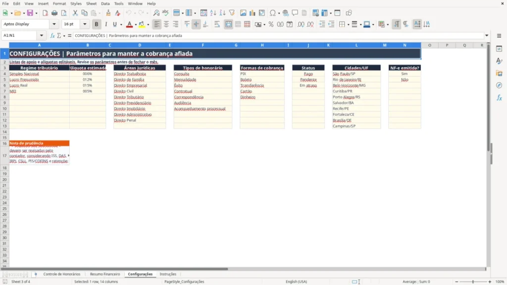 Configurações – Honorários advocatícios Excel – Planilha Grátis (2026)