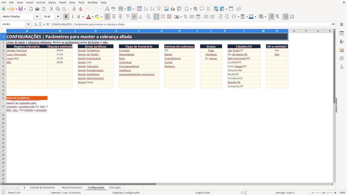Captura 3: aba Configurações - Planilha Excel honorarios advocaticios