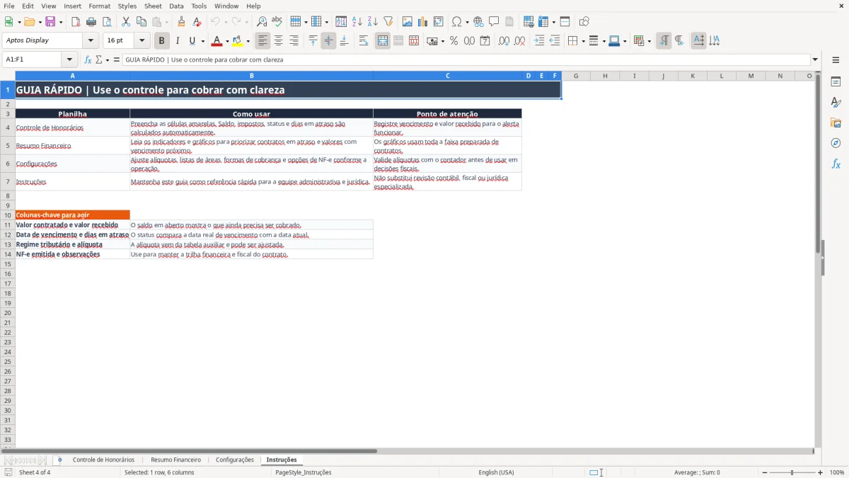 Captura 4: aba Instruções - Planilha Excel honorarios advocaticios