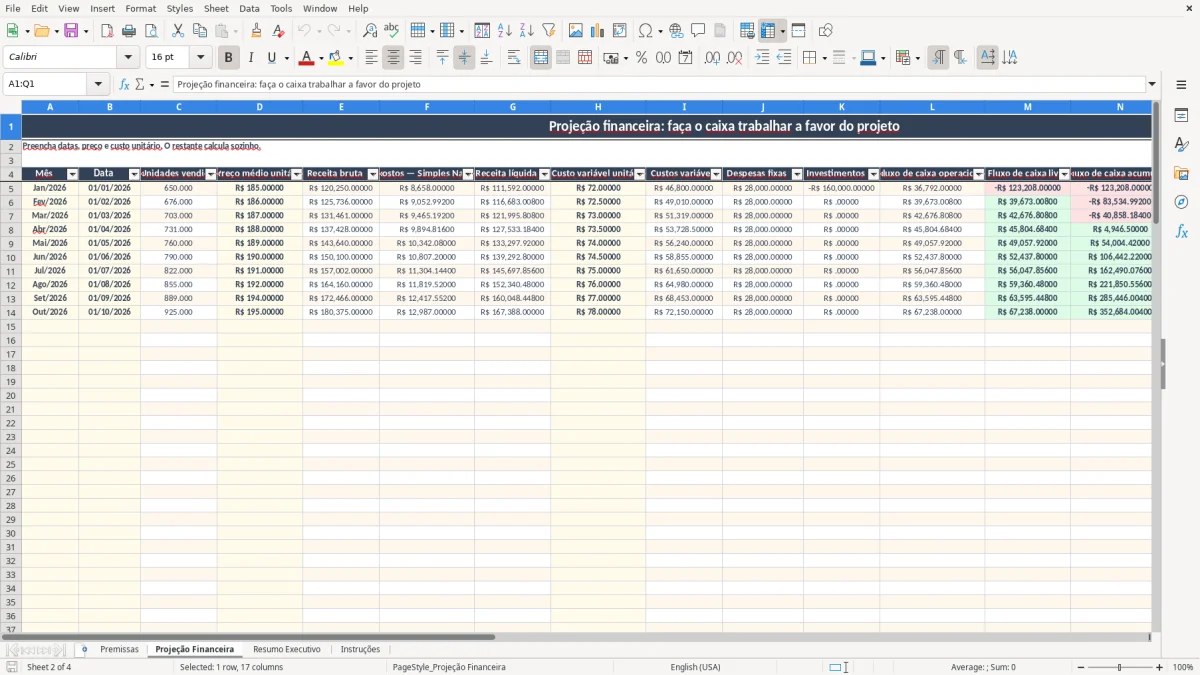 Captura 2: aba Projeção Financeira - Planilha Excel viabilidade economica
