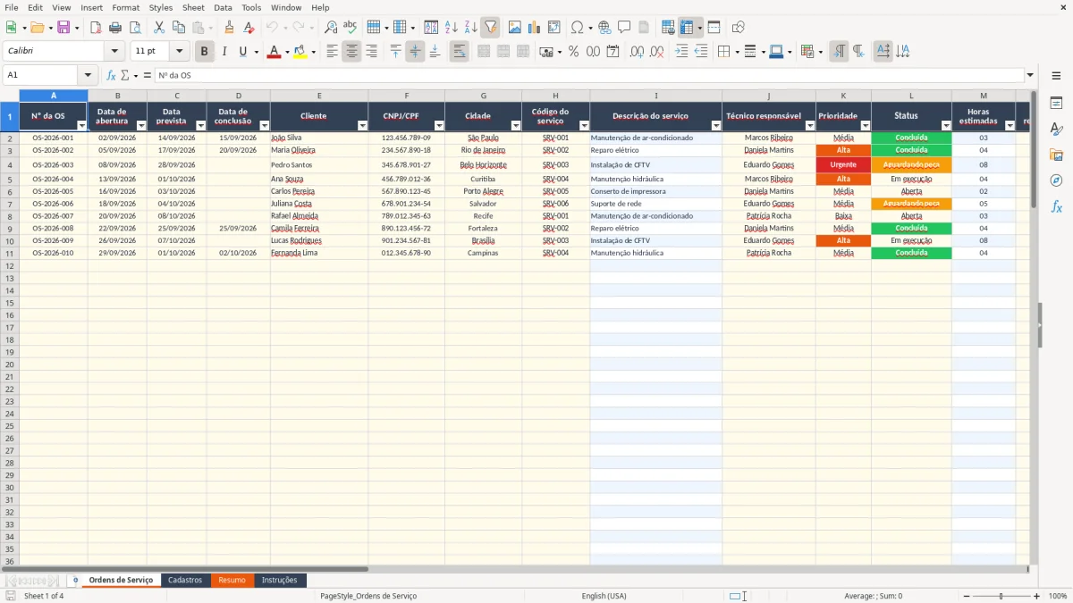 Captura 1: aba Ordens de Serviço - Planilha Excel controle de ordem de servico