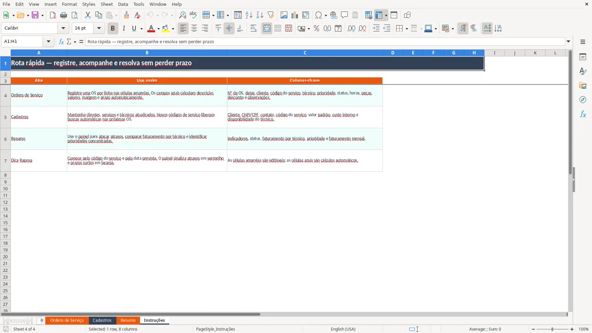 Captura 4: aba Instruções - Planilha Excel controle de ordem de servico