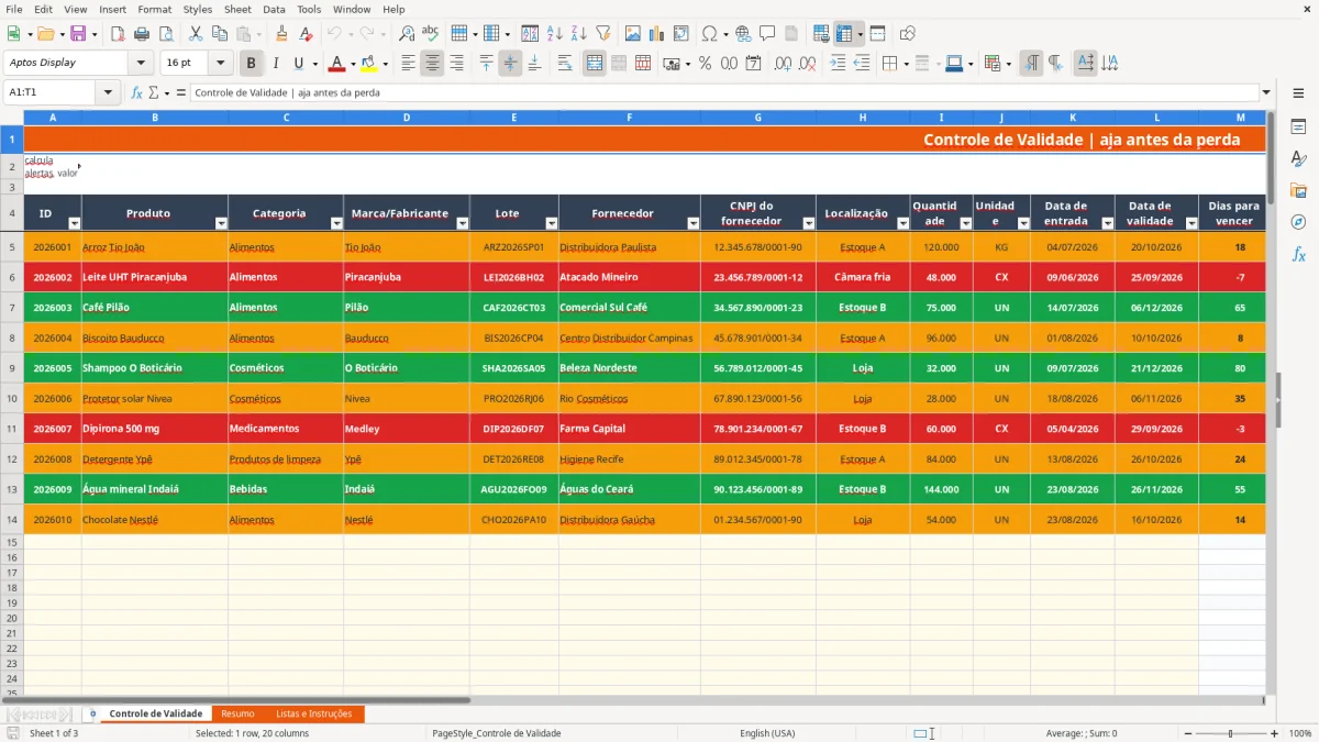 Captura 1: aba Controle de Validade - Planilha Excel controle de validade
