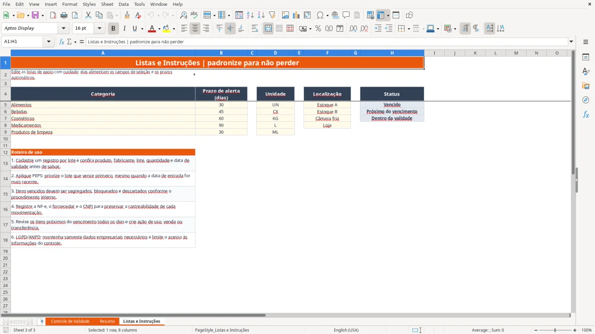 Captura 3: aba Listas e Instruções - Planilha Excel controle de validade