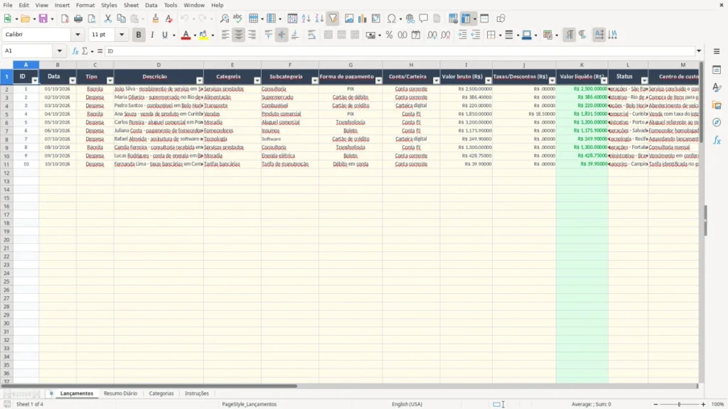 Lançamentos – Controle financeiro Excel – Planilha diária grátis (2026)