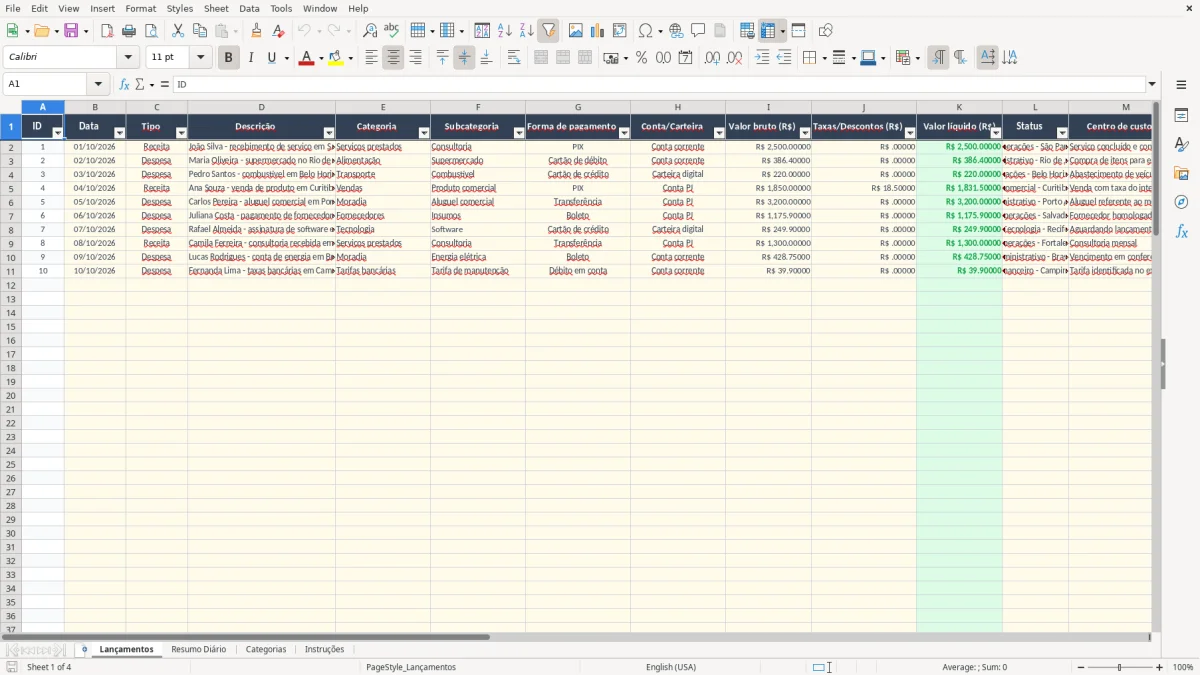 Captura 1: aba Lançamentos - Planilha Excel controle financeiro diario