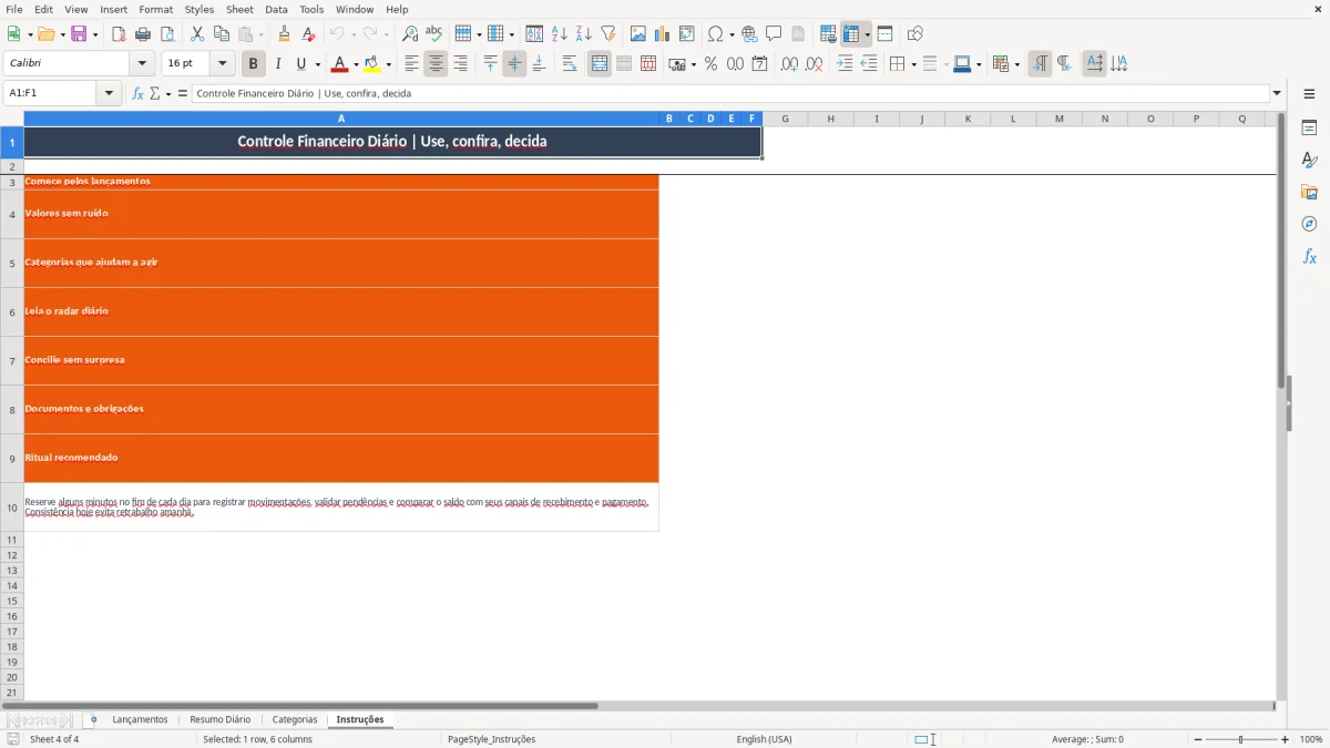 Captura 4: aba Instruções - Planilha Excel controle financeiro diario