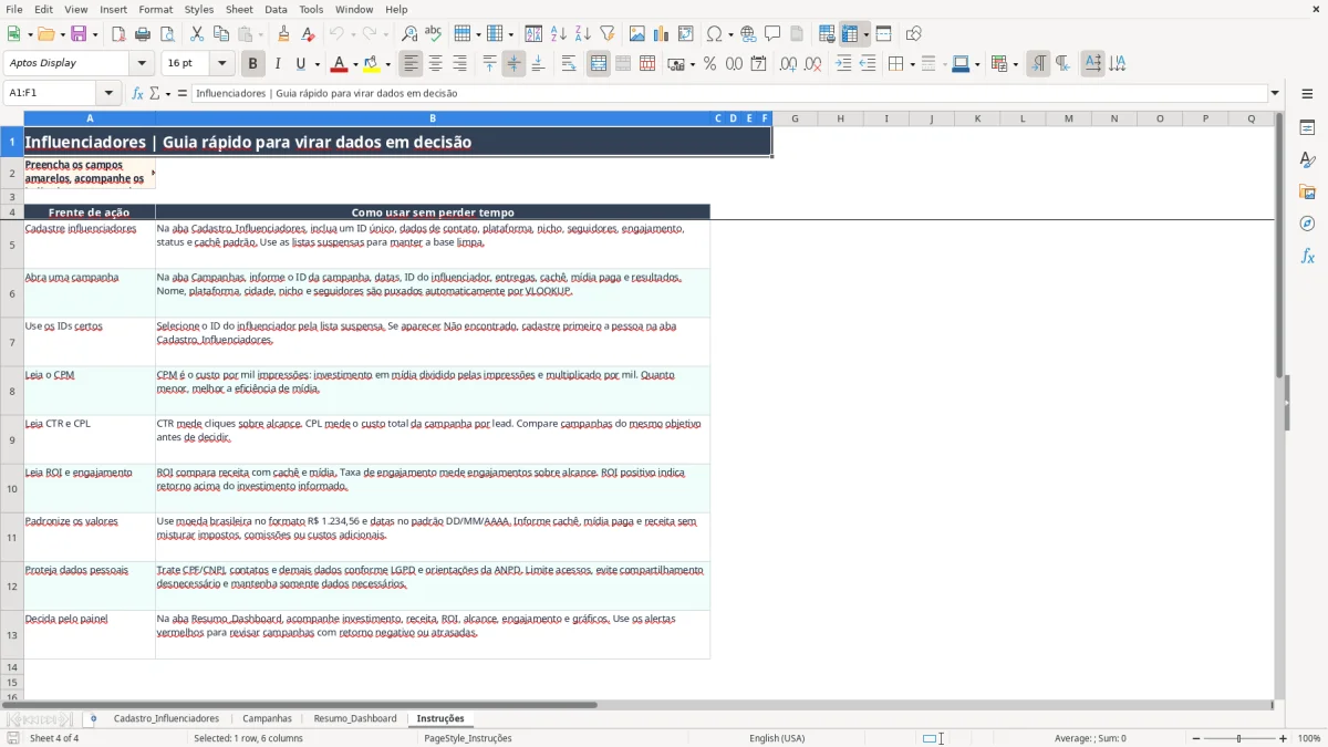 Captura 4: aba Instruções - Planilha Excel influenciadores