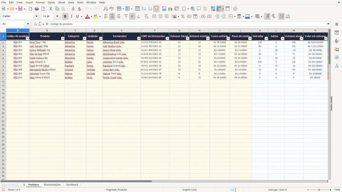 Captura 1: aba Produtos - Planilha Excel pronta controle de estoque