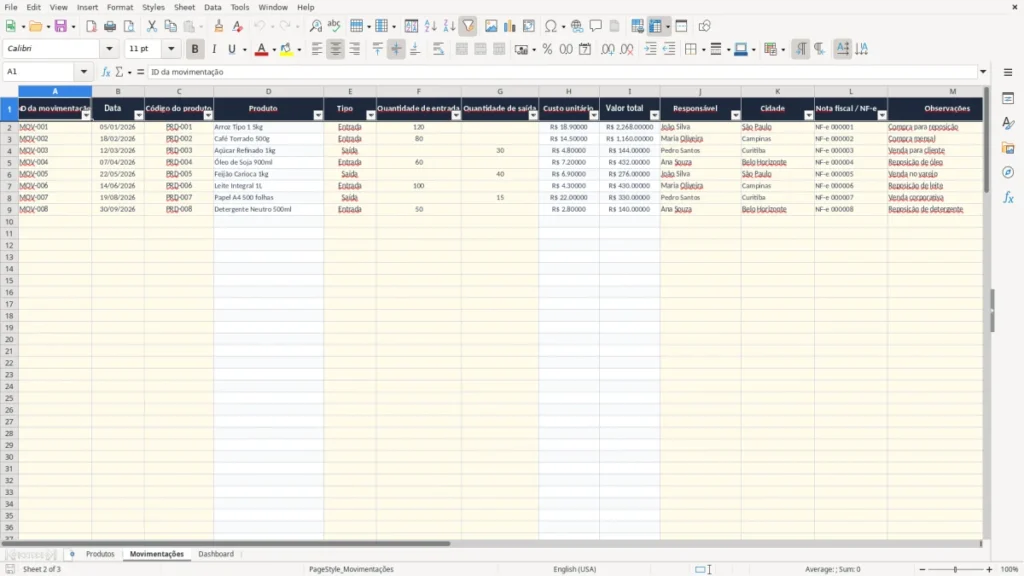 Movimentações – Controle de Estoque Excel – Planilha Grátis (2026)