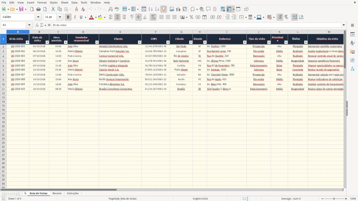Captura 1: aba Rota de Visitas - Planilha Excel rota de visitas a clientes