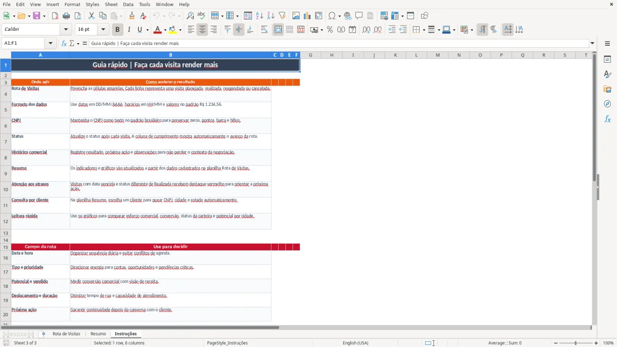 Captura 3: aba Instruções - Planilha Excel rota de visitas a clientes